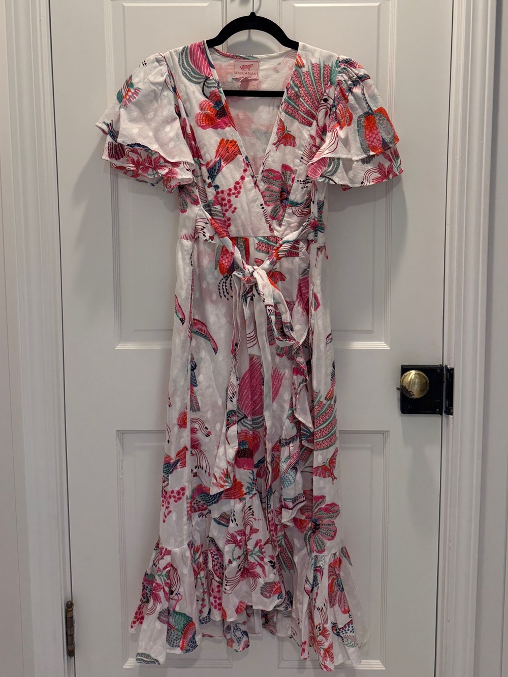 Banjanan White Midi Wrap Dress with Pink & Red Floral Print